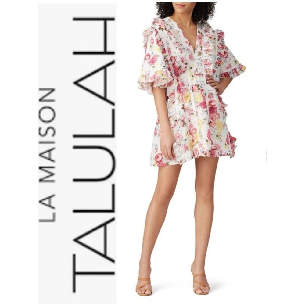 La Maison Talulah Tea Time Mini Dress Floral Linen Tiered Dainty Cottagecore M - Picture 5 of 16